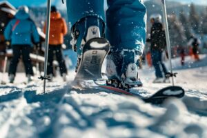 un skieur enlevant ses skis pour retourner à son chalet